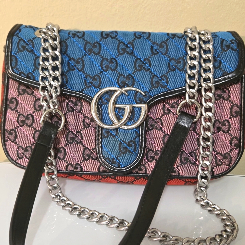 Gucci Blue and Pink Shoulder Bag with Silver Chain